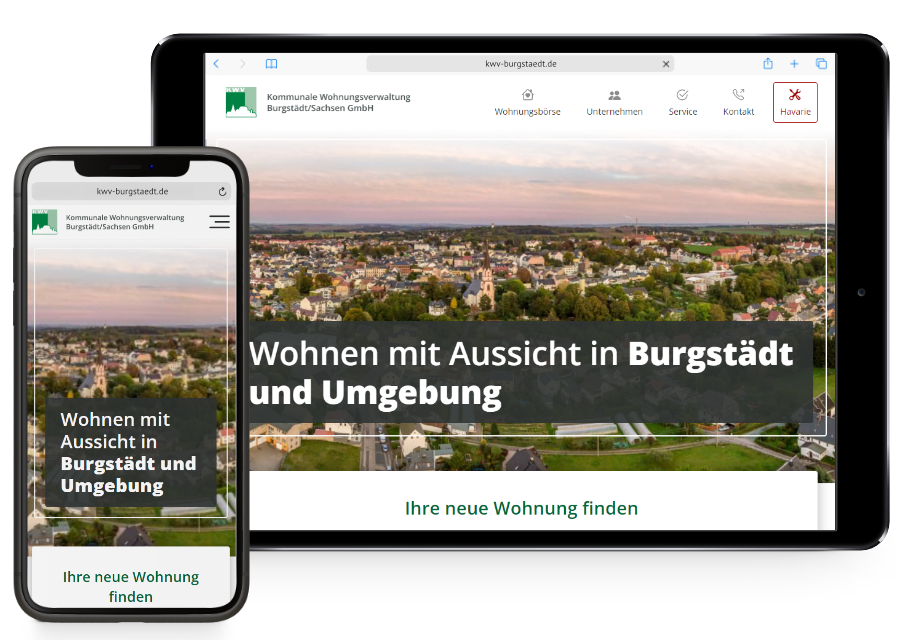 Vorschau auf die Webseite der KWV Burgstädt auf Handy und Tablet