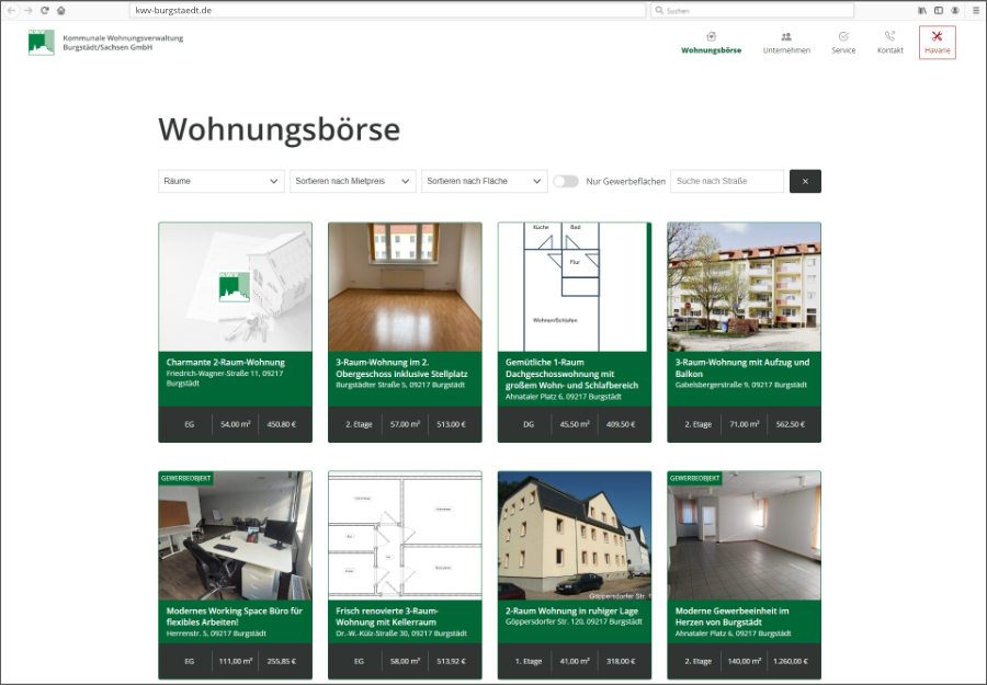 Vorschau auf die Webseite der KWV Burgstädt - die Wohnungsbörse